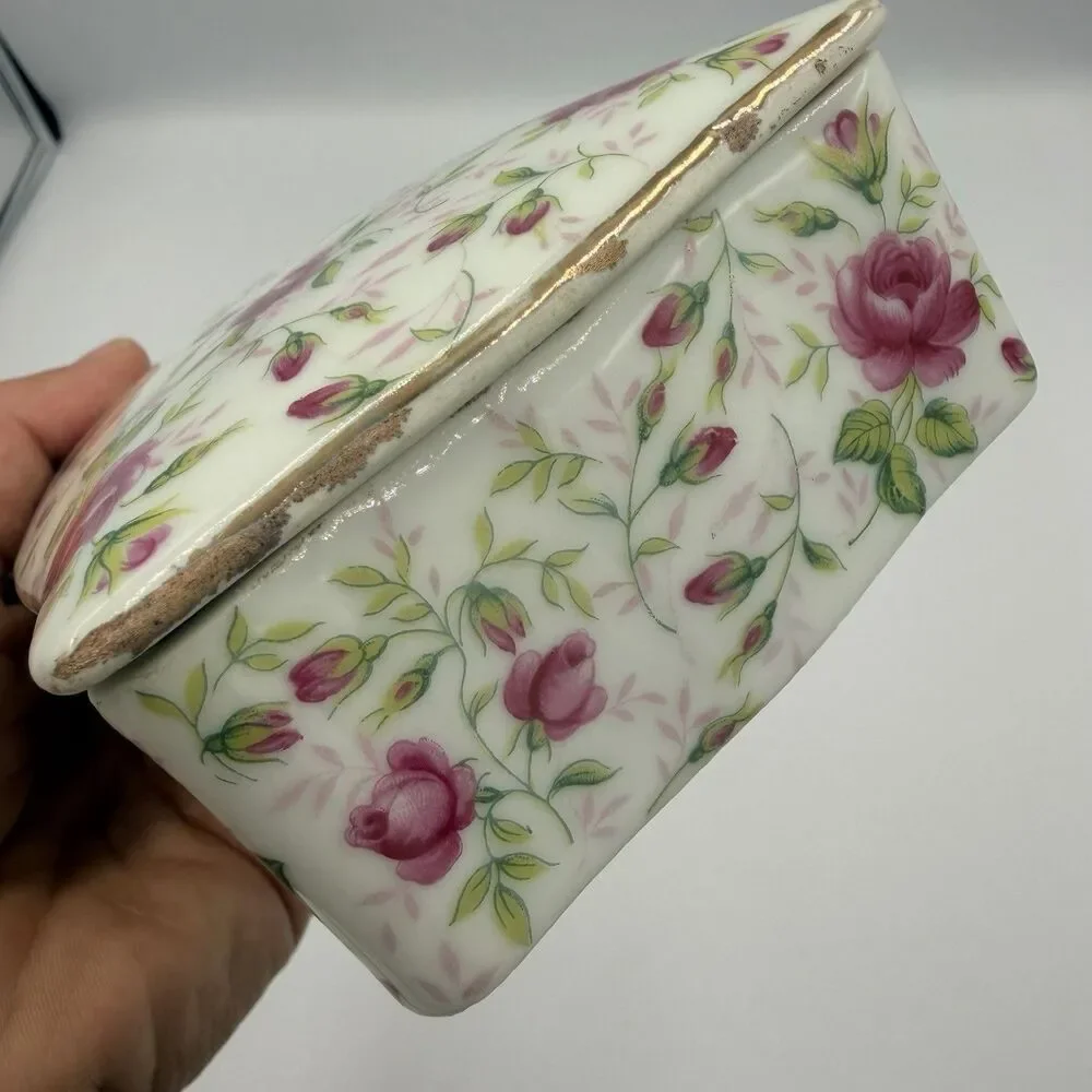 Lefton Rose Chintz Trinket Jewelry Box 2 Nesting Vintage Dishes Japan